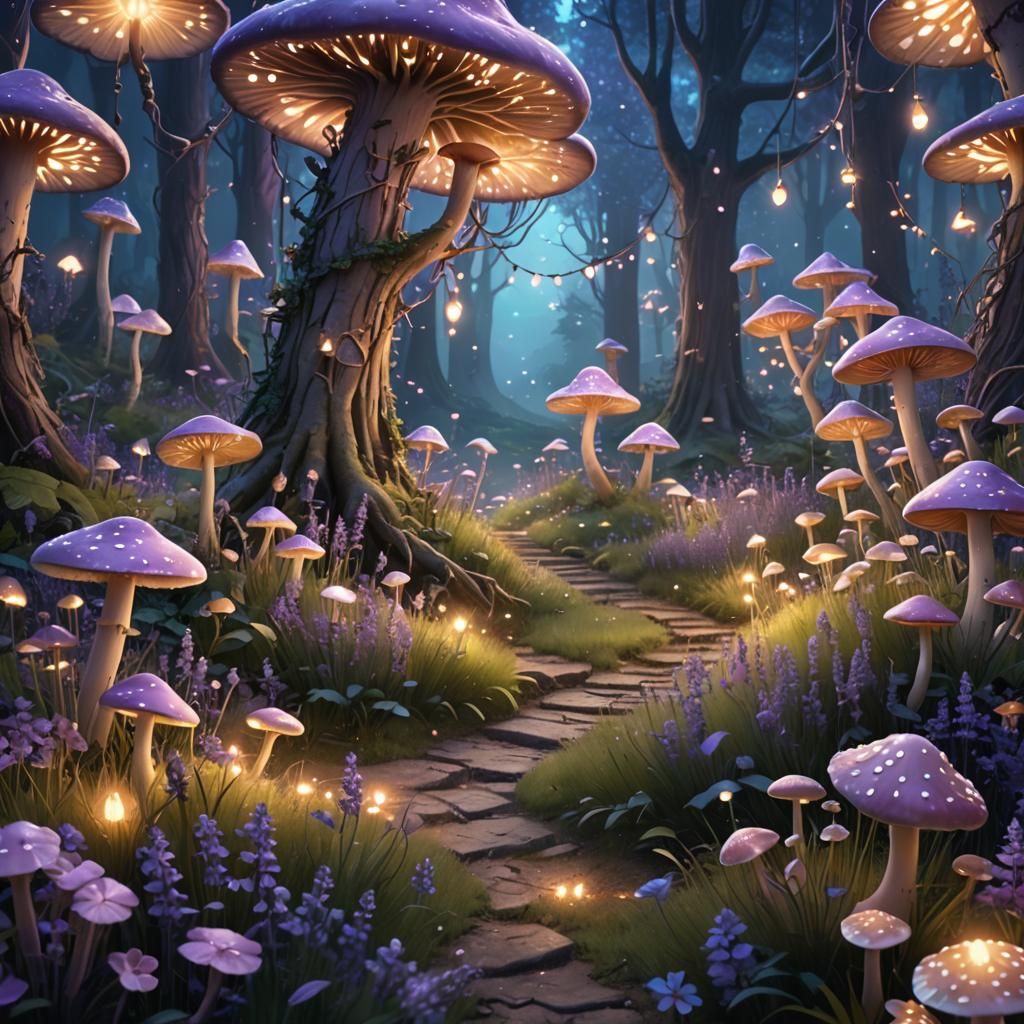 Magic Forest with Glowing Lavender Mushrooms