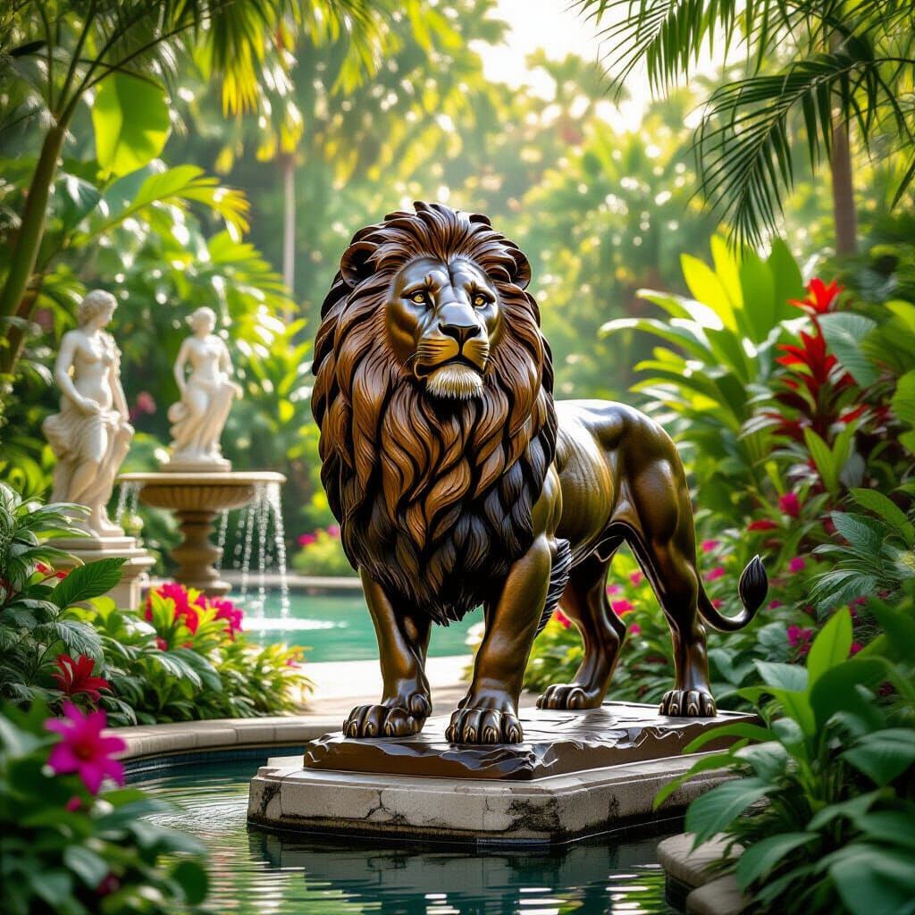 Bronze Lion in Botanical Garden, Hyperrealistic Style