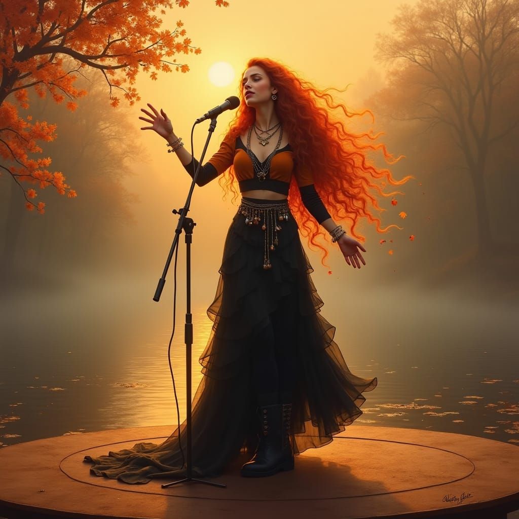 Fiery Haired Singer on Stage: Detailed Matte Painting