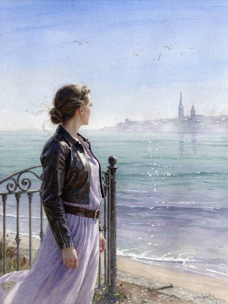 Woman in Lavender and Leather by Calm Sea