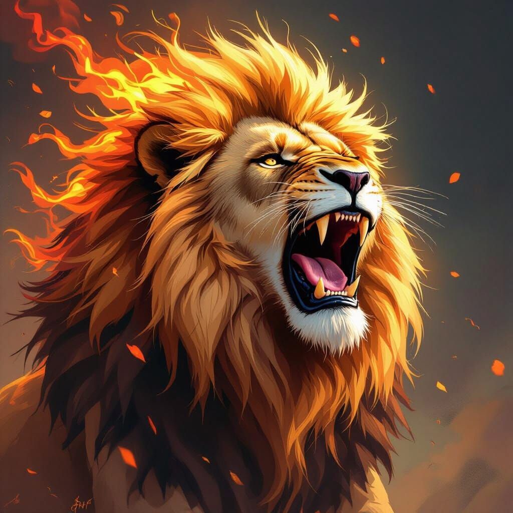 Fiery Lion Roaring with Blazing Mane