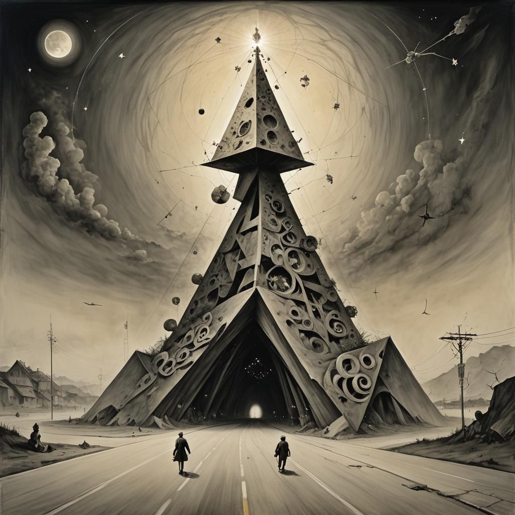 Surreal Leaning Tower with Sacred Geometry, Oil Painting