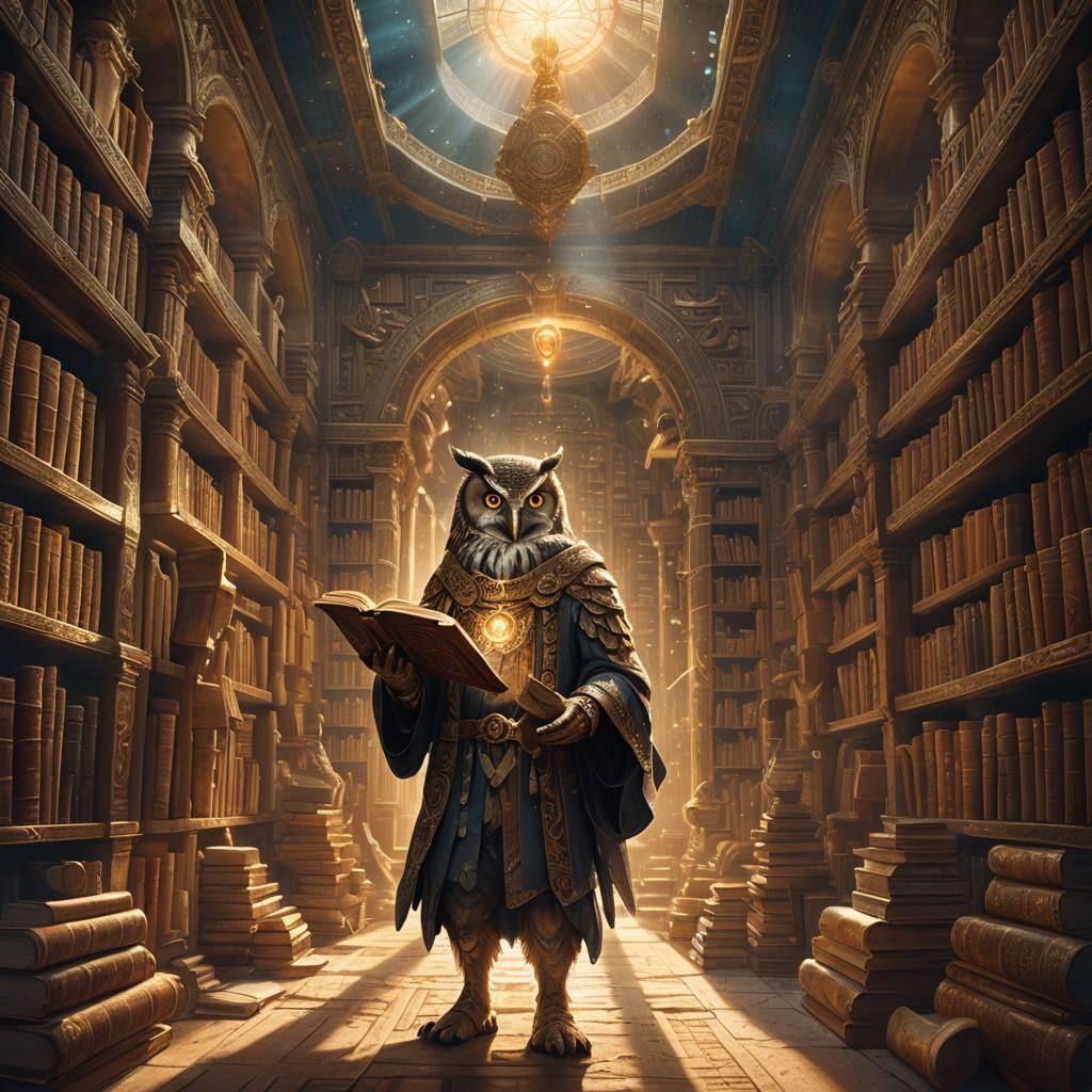 Owl Man in Labyrinthine Library: Fantasy Concept Art