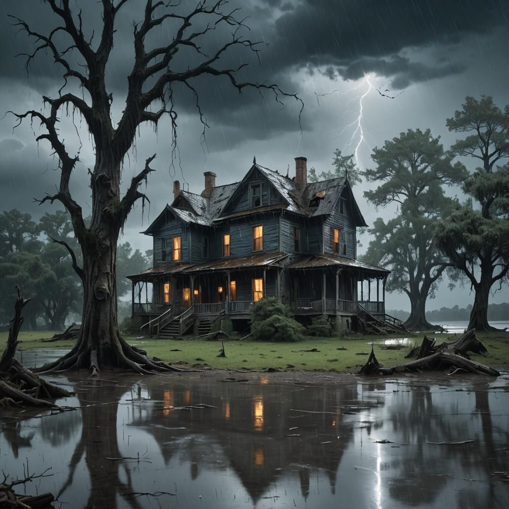 Haunted House in Rain with Lost Souls