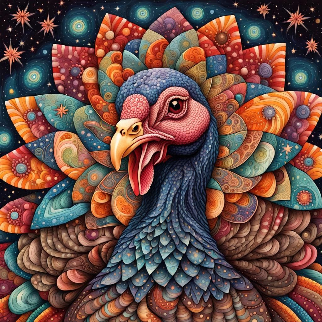 Cosmic Turkey in Whimsical Folk Art Style