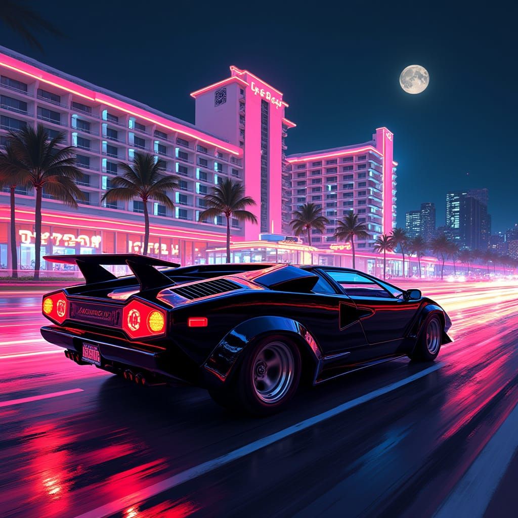 Synthwave Lamborghini at Miami Beach in Neon