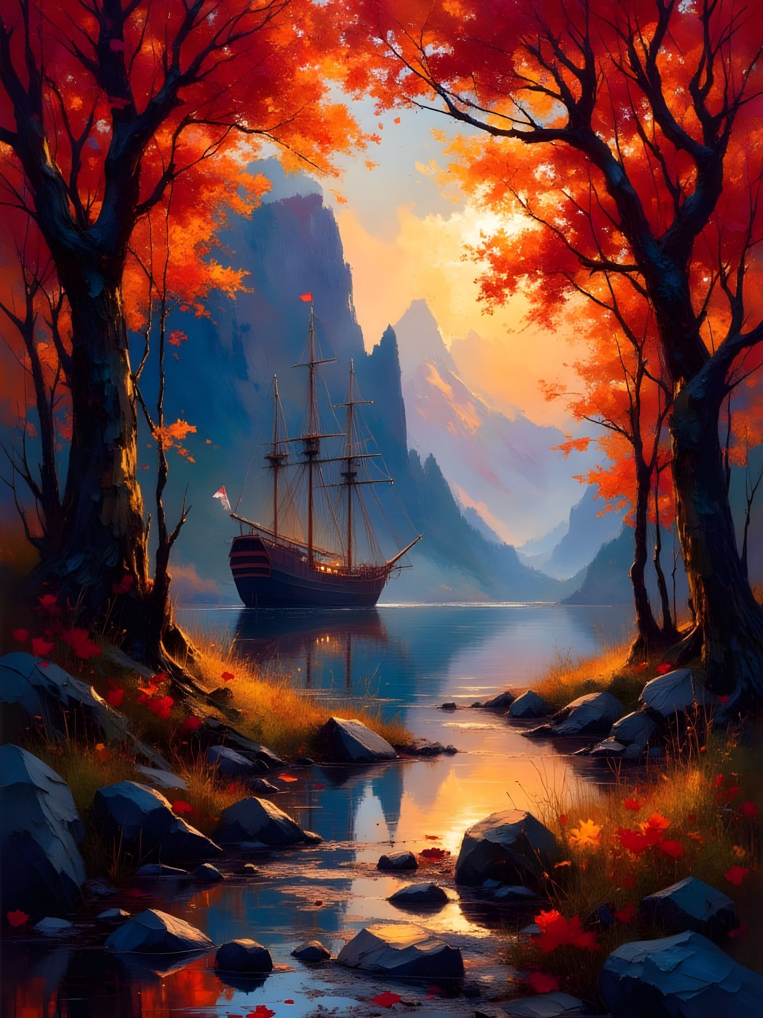 Autumn Oak Trees Reflecting Pirate Ship in Inlet