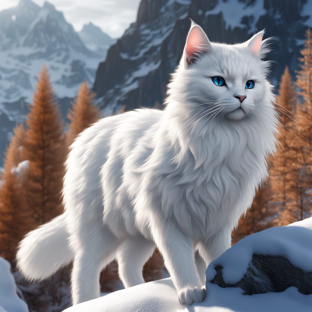 White Cat in Snowy Valley: Hyperrealistic Matte Painting
