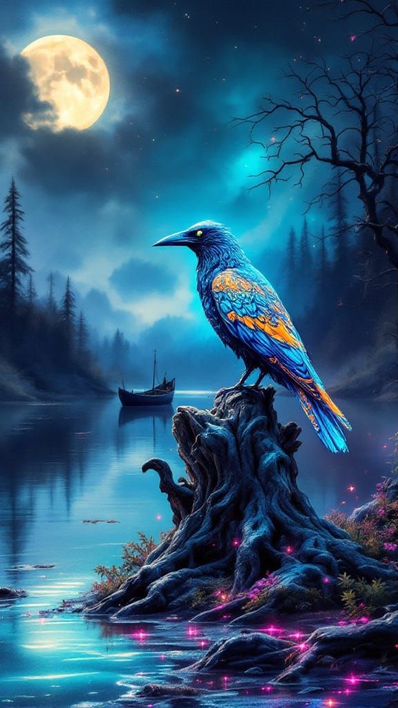 Supernatural Raven on Twisted Tree Stump