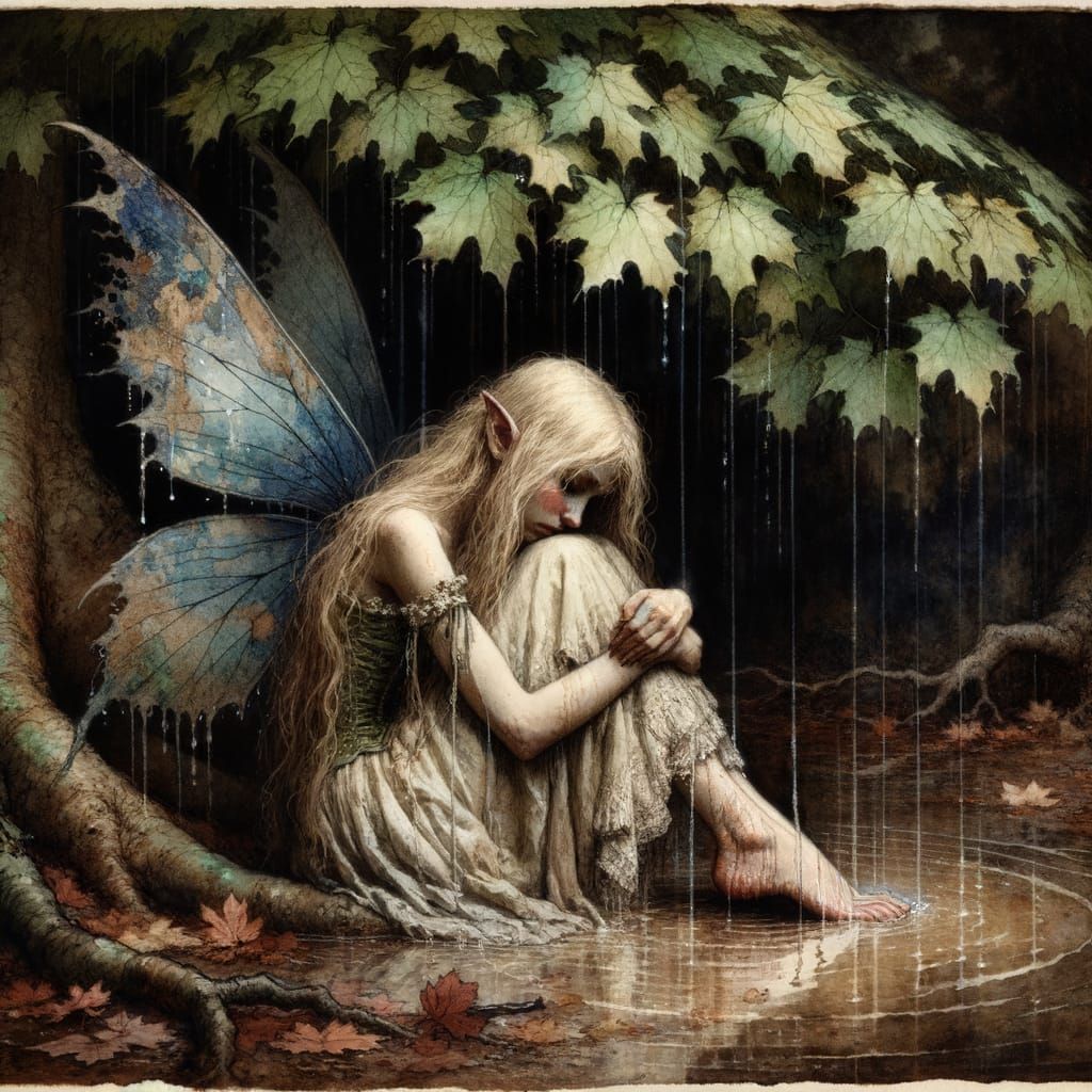 Sad Faerie in Muddy Puddle Under Maple Tree