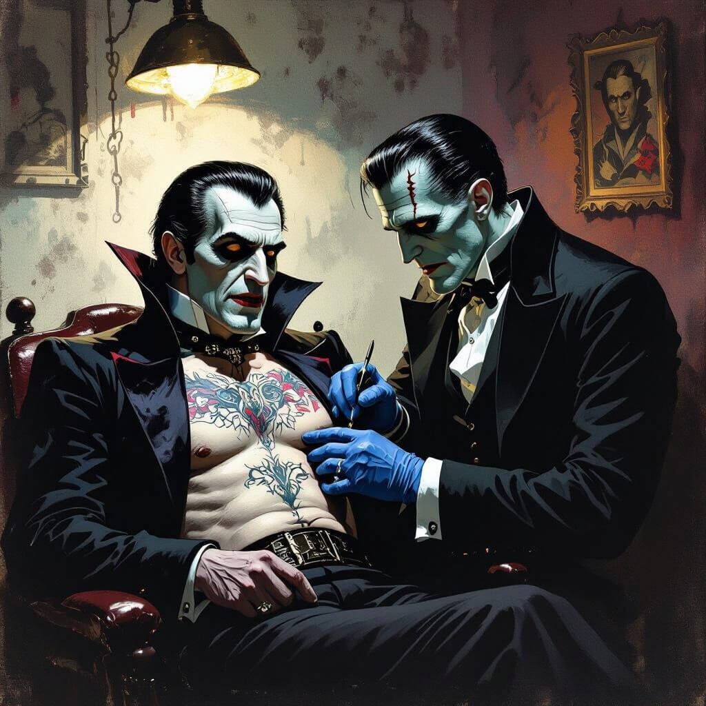 Frankenstein Tattoos Dracula in Sinister Parlor
