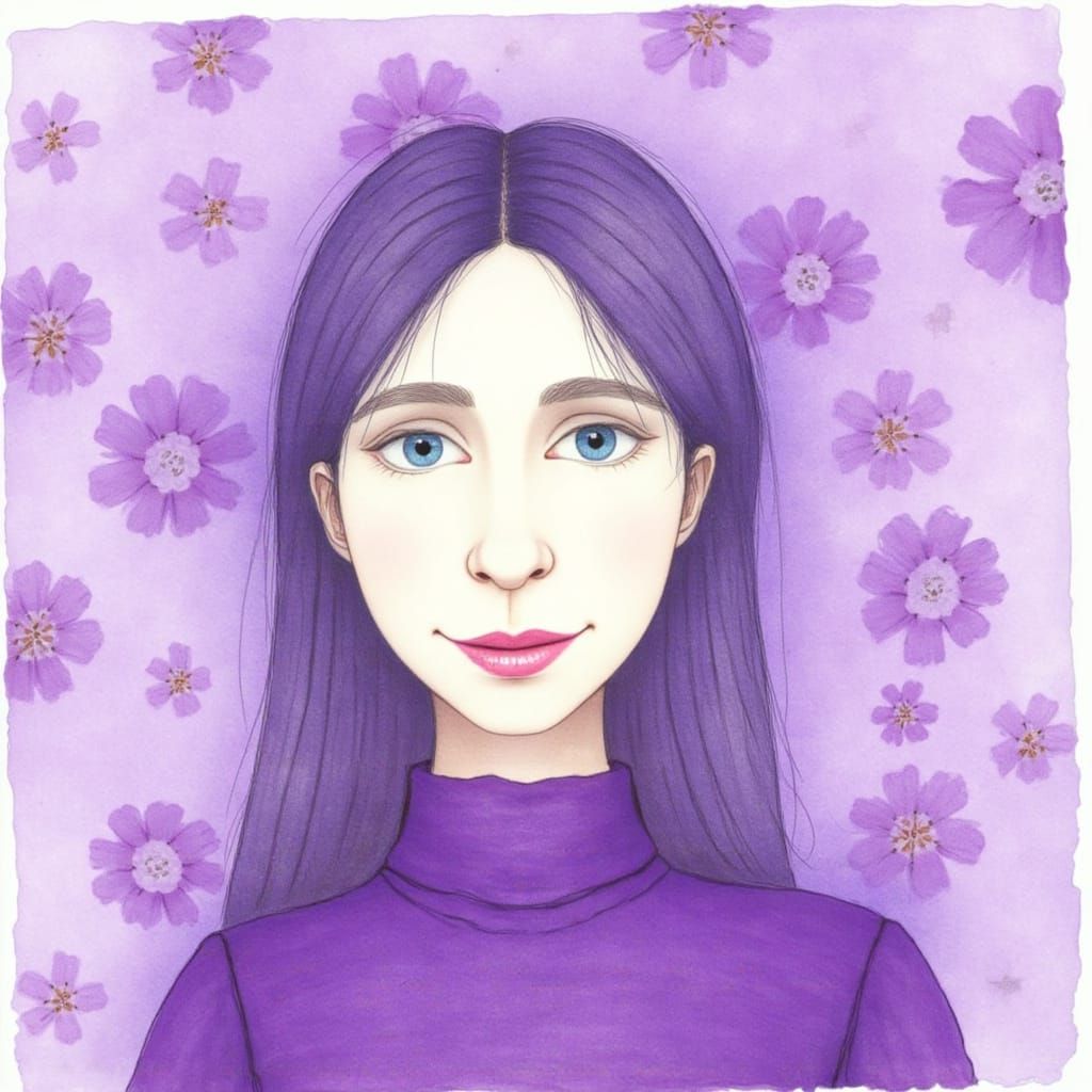 Watercolor Painting of Purple-Haired Woman with Flowers