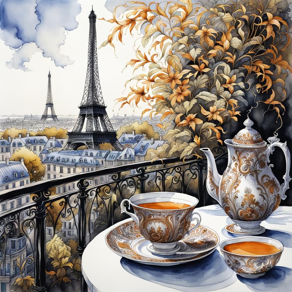 Parisian Tea Time in Watercolor Style