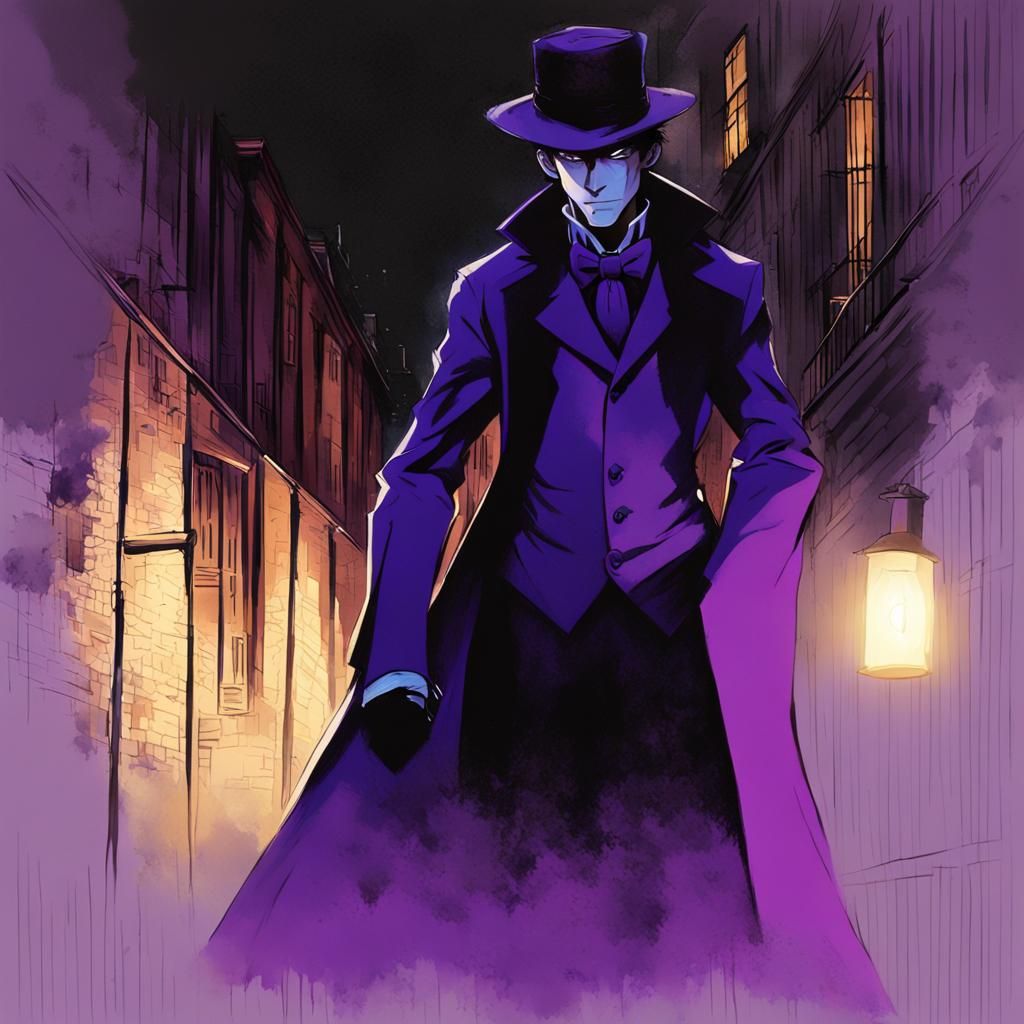 Mysterious Figure in Violet Tuxedo Stands Before Ominous All...