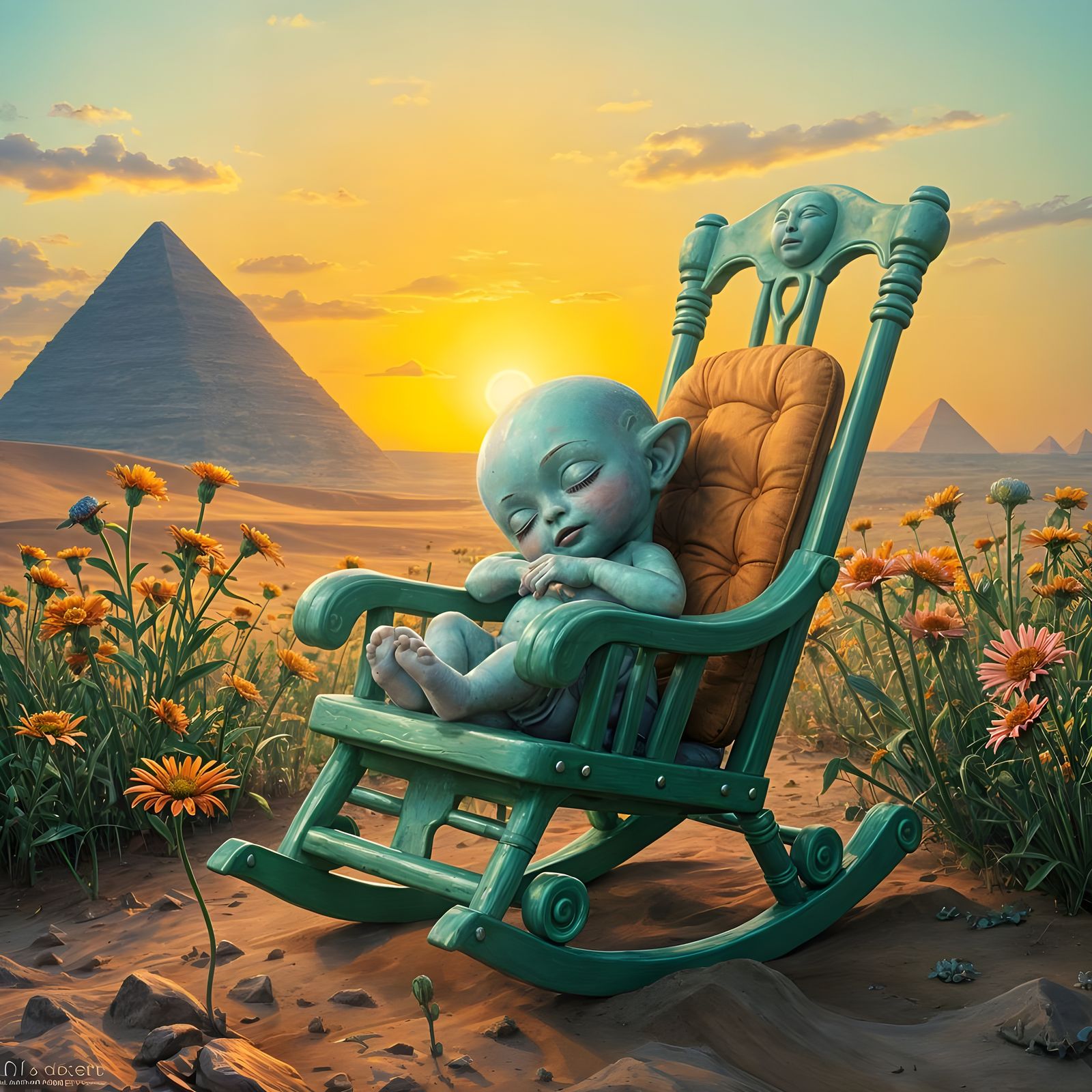 Alien Goddess Slumbers in Egyptian Desert, Gouache Style