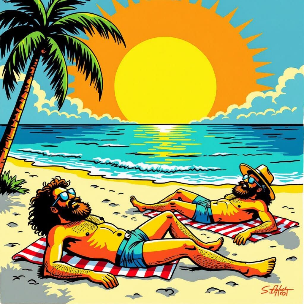 Freak Brothers Relaxing on a Vibrant Beach in Pop Art Style