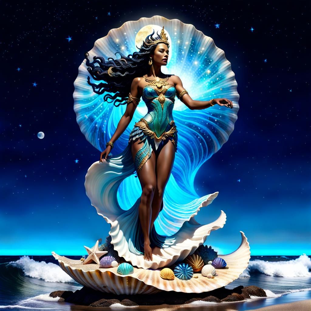 Iemanjá, Bare Sea Goddess on Cosmic Night Waves
