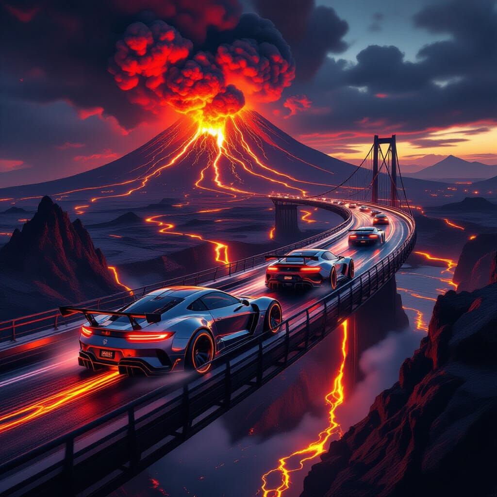 Supercars Drifting Over Lava Bridge in Sci-Fi Style