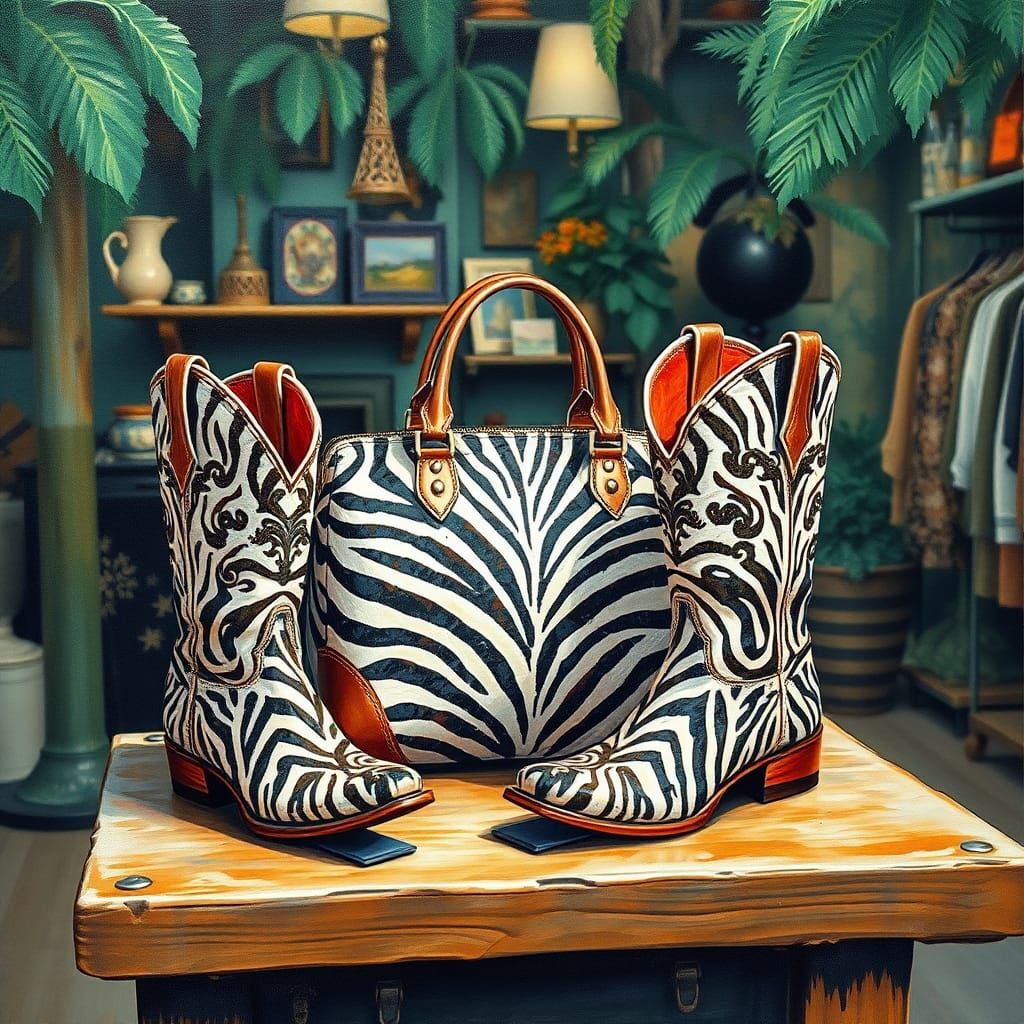 Zebra Fashion: Handbag and Boots in Gouache Style