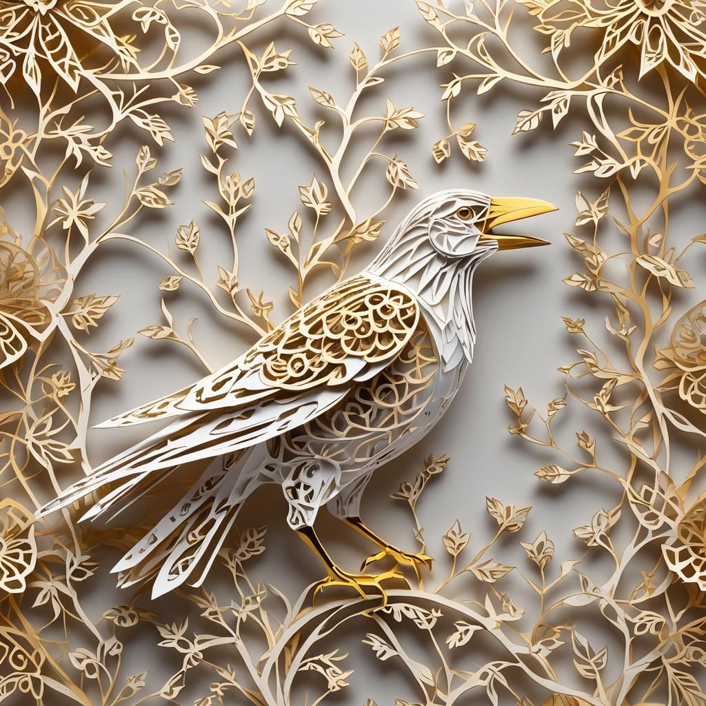 Exquisite Origami Crow Art in Elegant White and Gold Filigre...