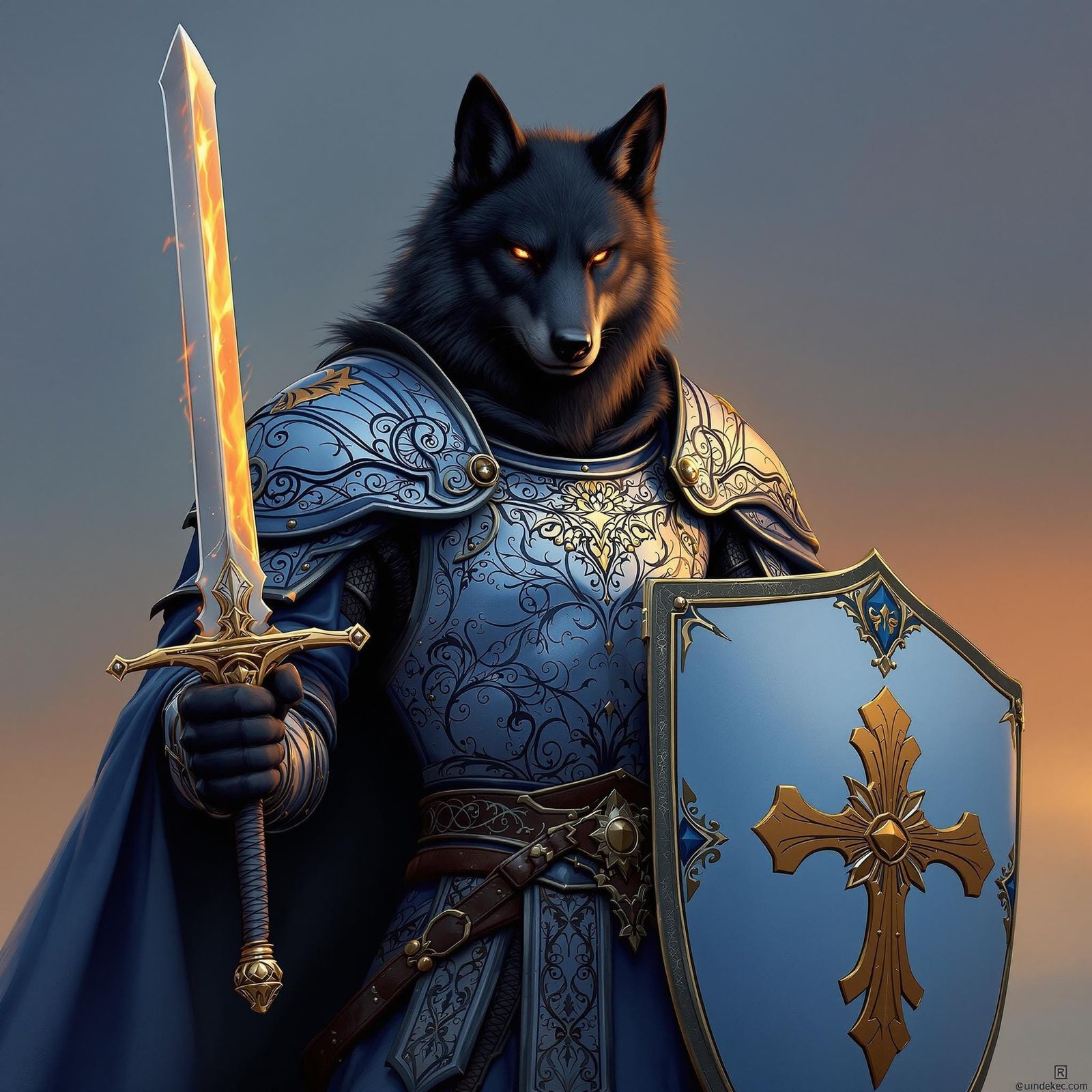 Regal Black Wolf in Sky-Blue Armor, Holding Flaming Sword an...