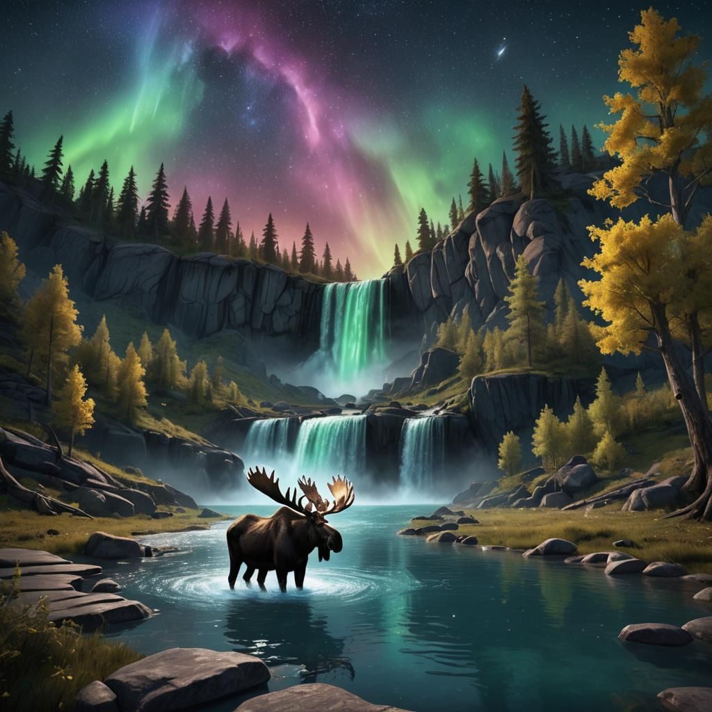 Moose at Waterfall Under Aurora, Detailed Matte Painting