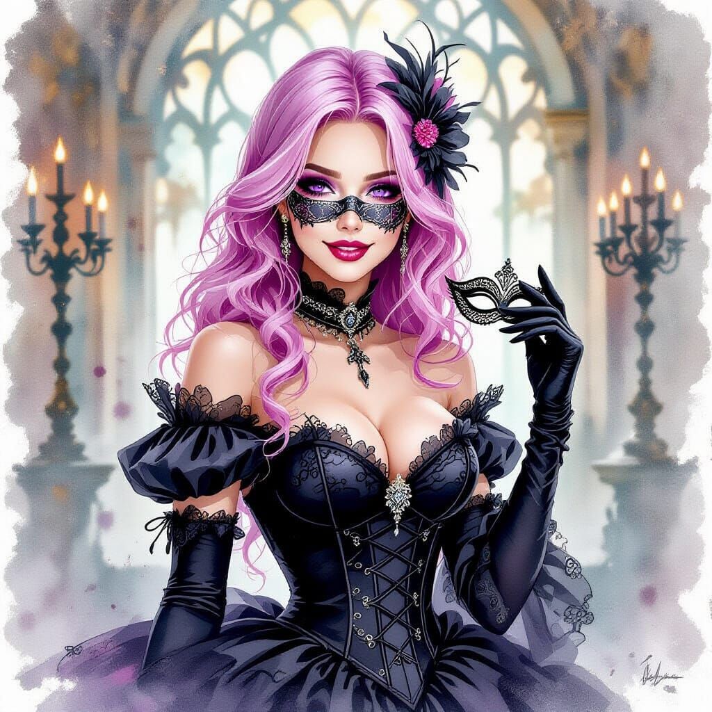 Pink Haired Woman in Gothic Ballroom with Mask