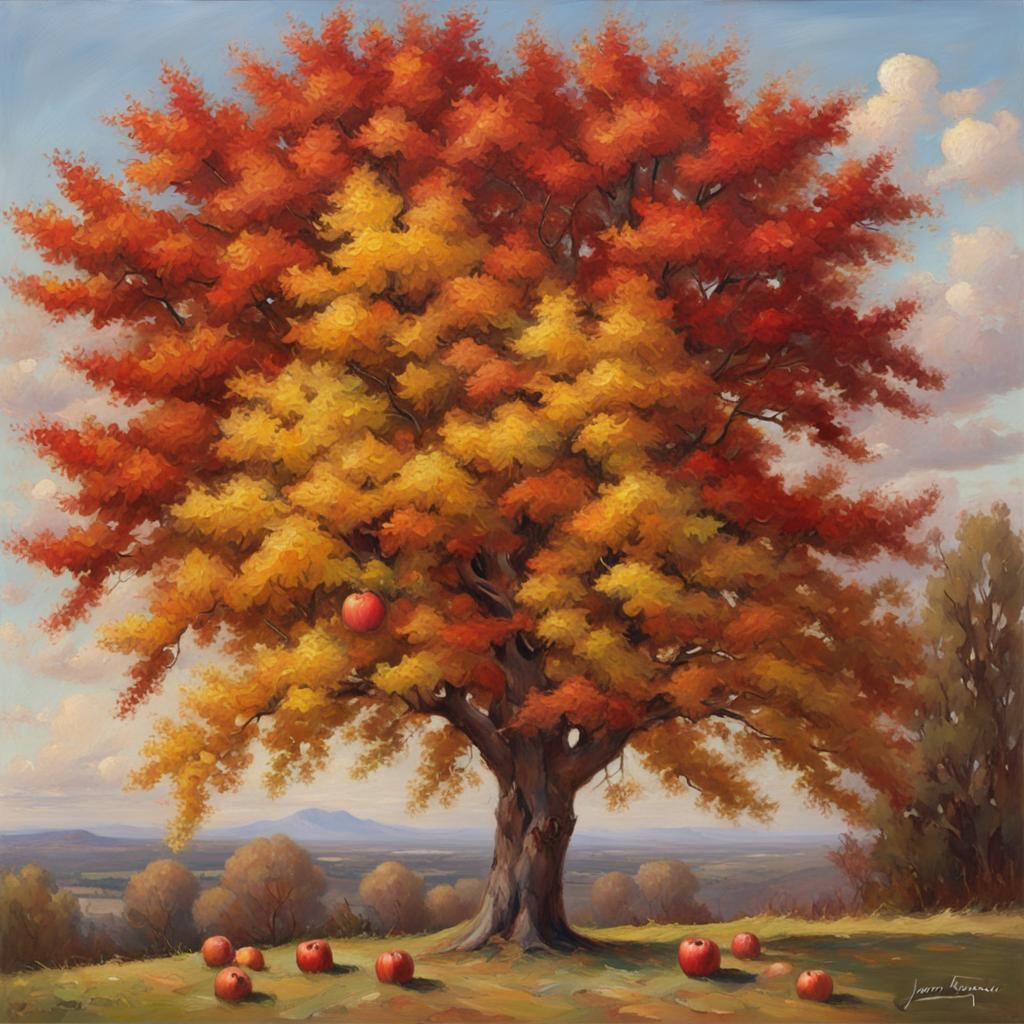 Autumn Tree with Farmers, Oil Painting Style