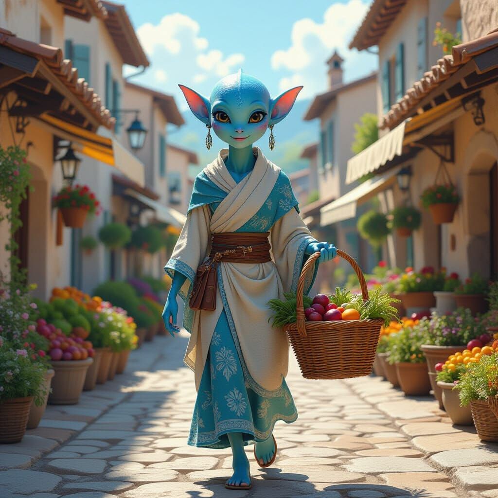 Alien Avatar in Provence Market, Anime Style