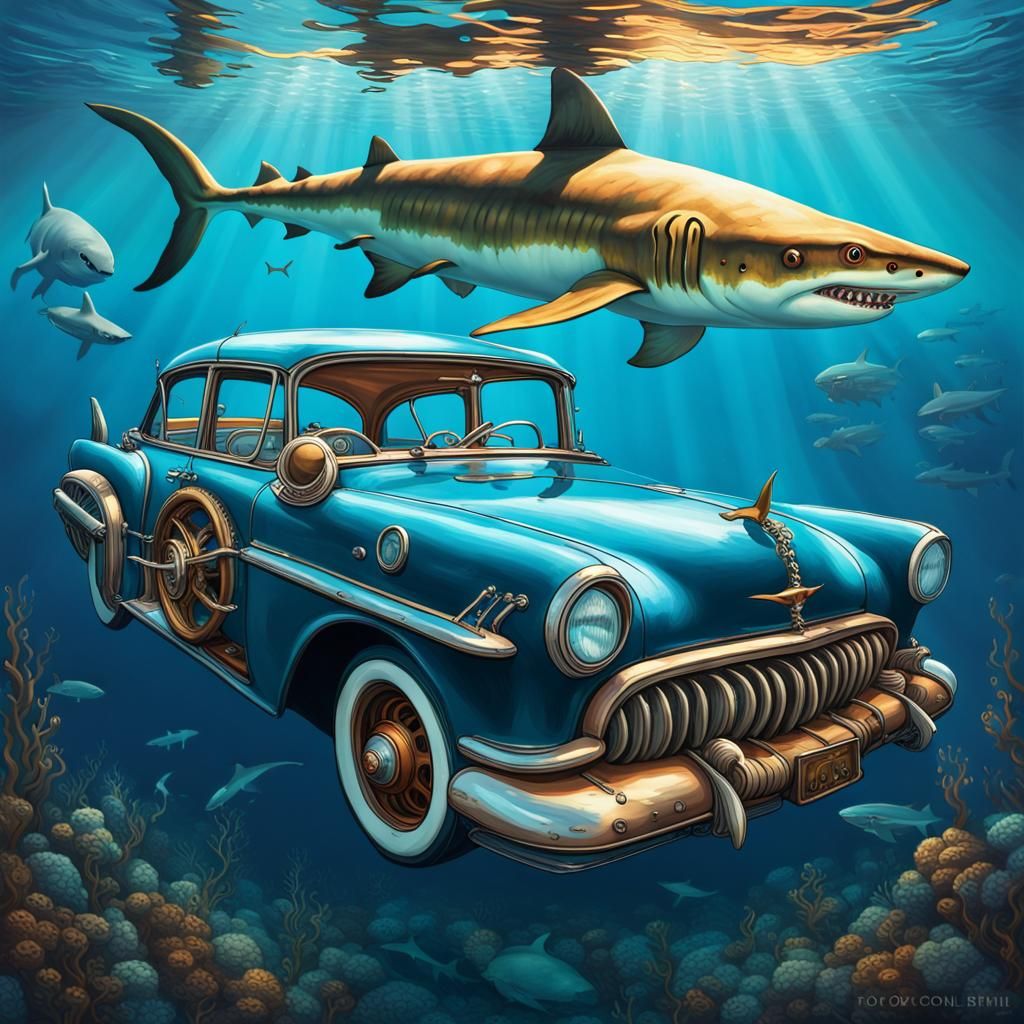 whimsical steampunk classic car, submerged in the blue ocean, glides gracefully with a shark lurking beneath