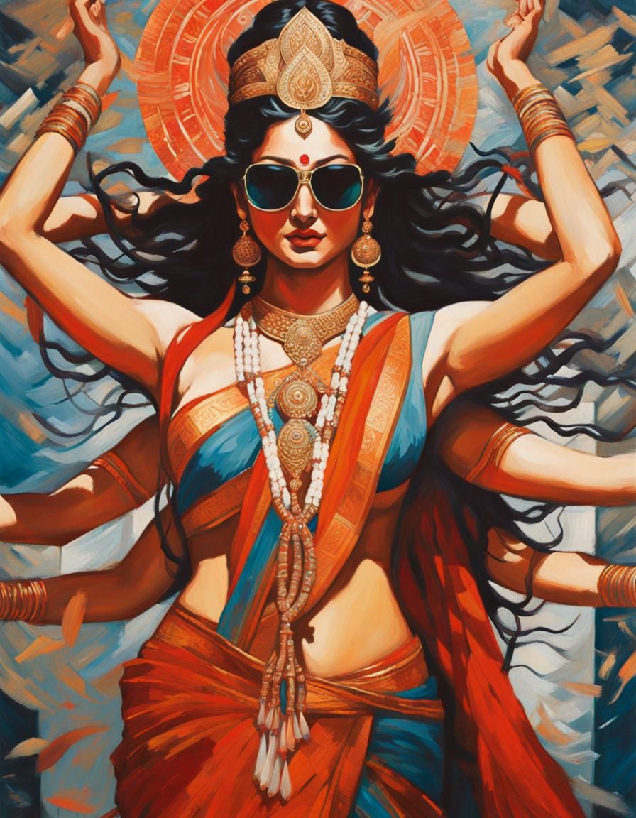 Expressionist Painting of Parvati with Four Arms