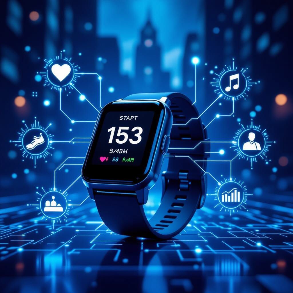 Cyberpunk Fitness Tracker Monitoring Data in Dark Cityscape