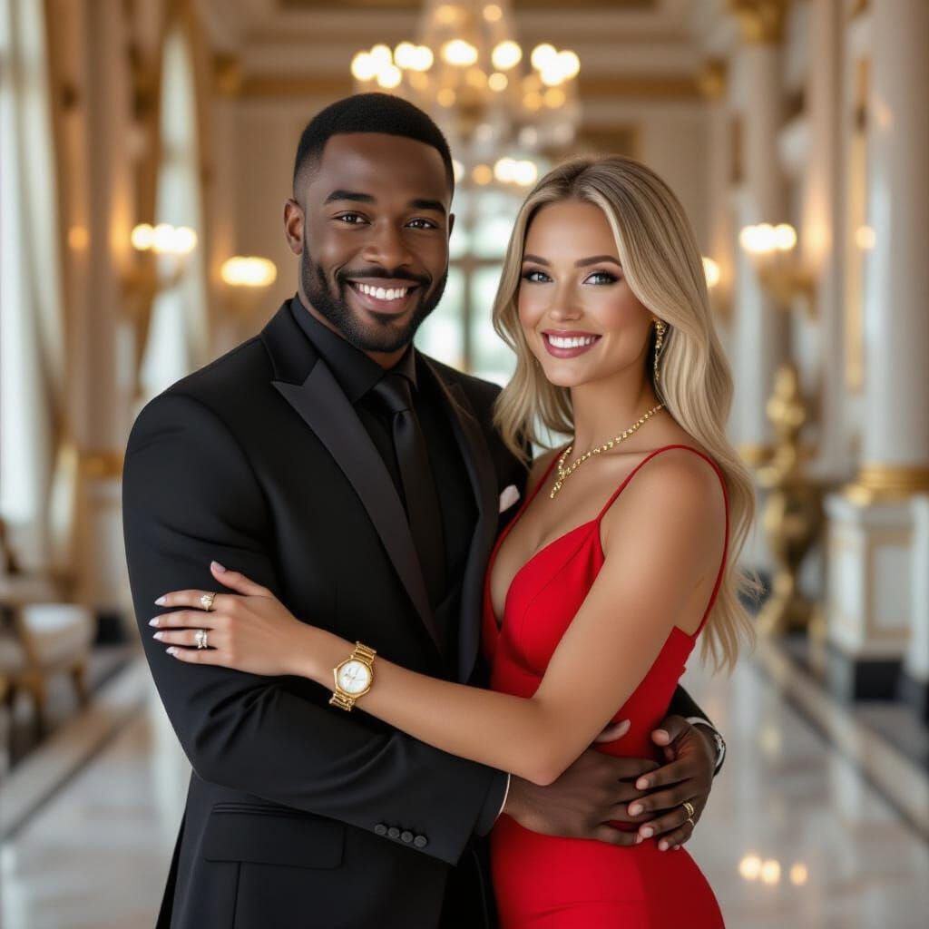 Man and Woman Embrace in Neoclassical Interior