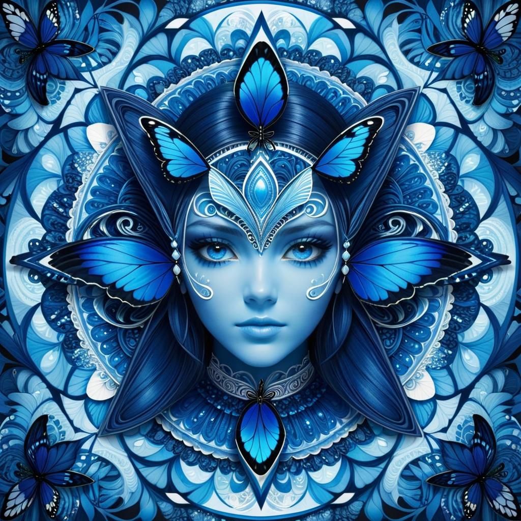Blue Morpho Butterfly Effect: Symmetrical Zentangle Portrait