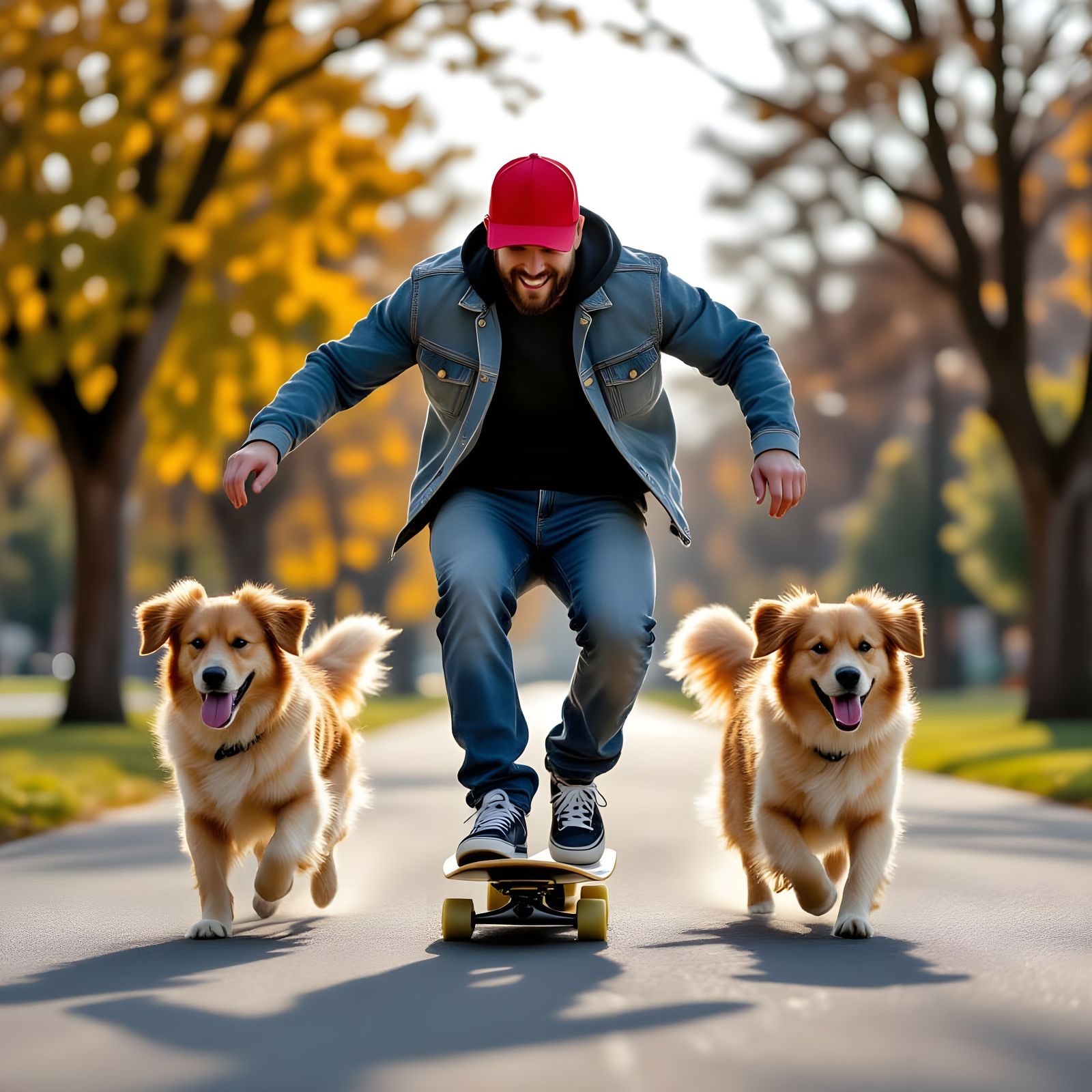 Man Skateboarding with Dogs in Sunny Park