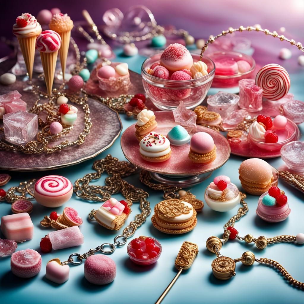 Jewelry Still Life with Sweets and Cosmetics