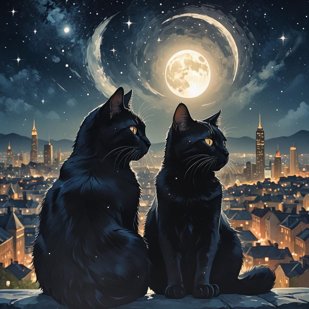 Romantic Cats Under Starry Night Sky