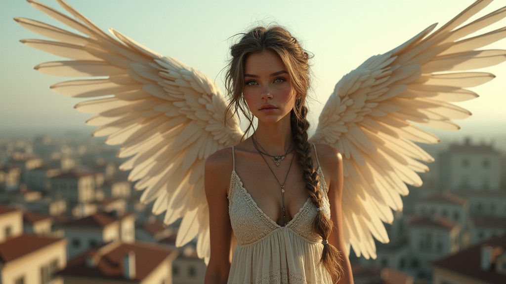 Whimsical Boho Angel on Rooftop in Digital Art