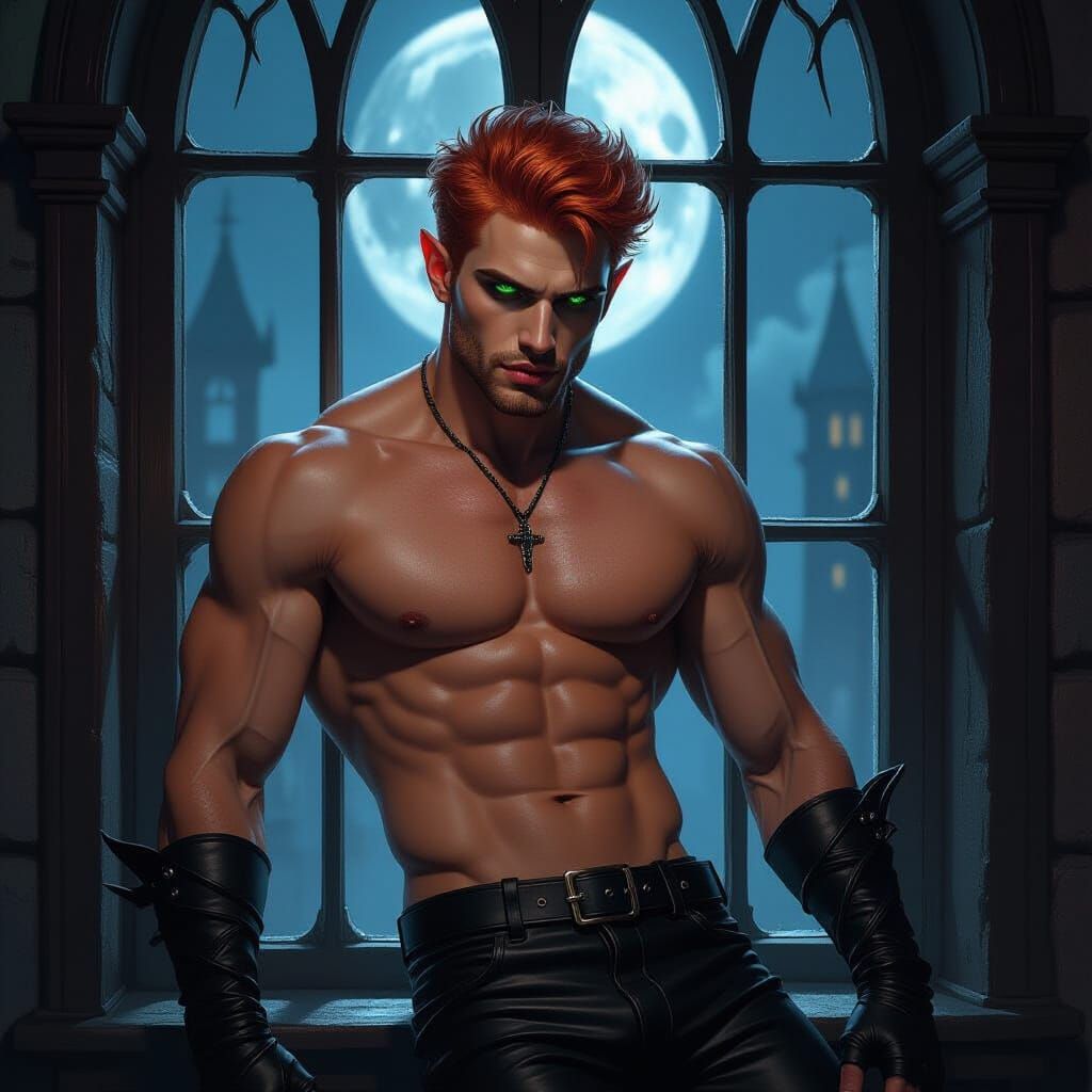 Ginger Vampire Awaits Outside Gothic Window