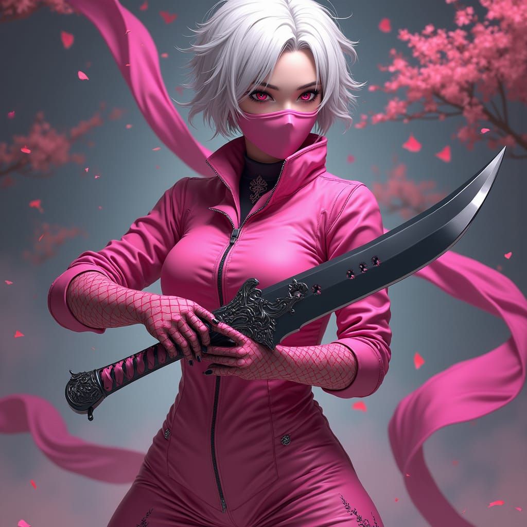 Anime Ninja Girl in Pink with Black Knife