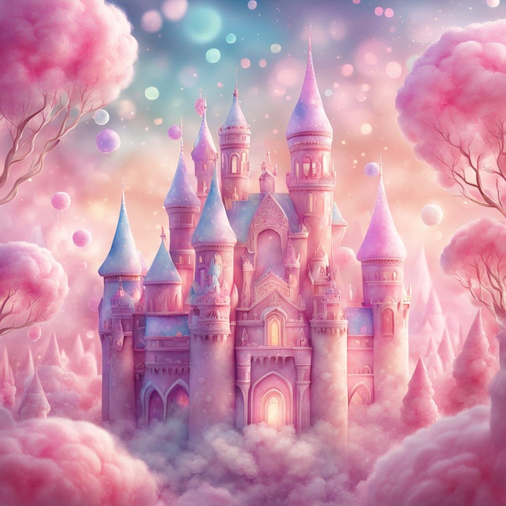 Majestic Pink Cotton Candy Palace in Watercolor Style