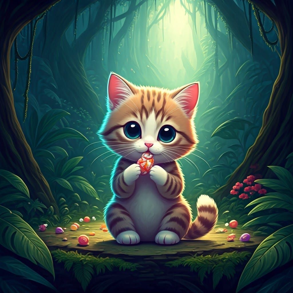 Chibi Kitten in Jungle: Lisa Frank Neon Pastel Style