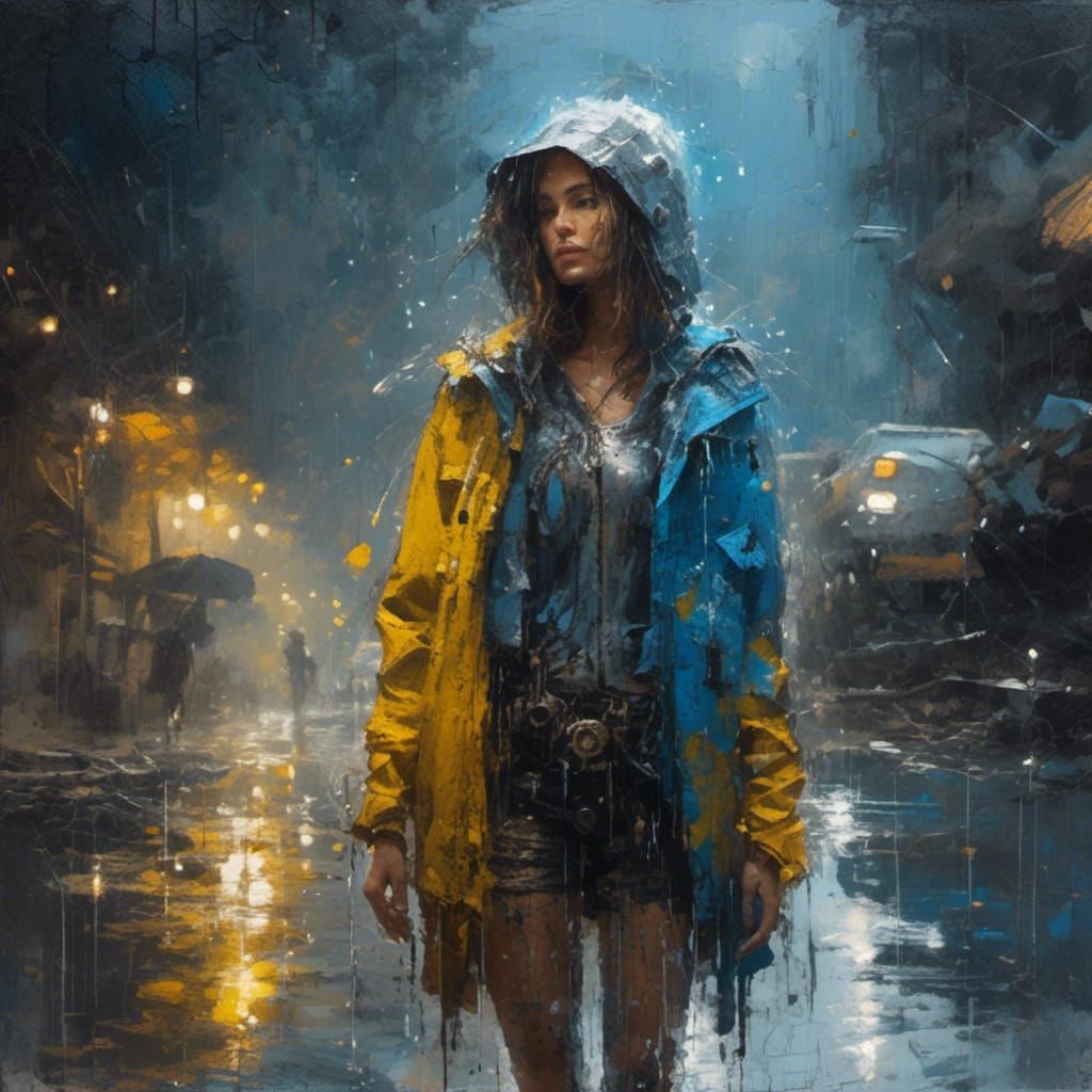 Cyber Elf Woman in Rain, Oil on Canvas Portrait