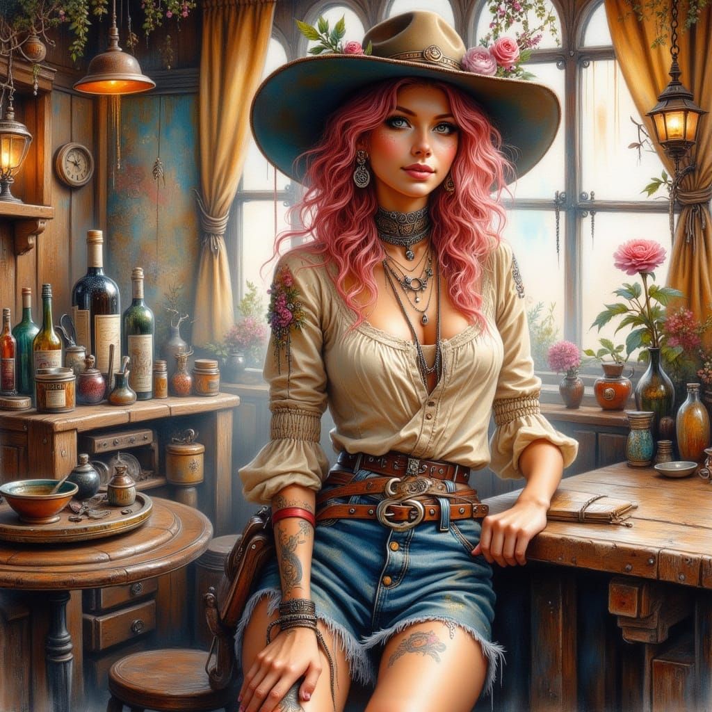 Cowgirl Portrait in Watercolor, Fantasy Punk Style