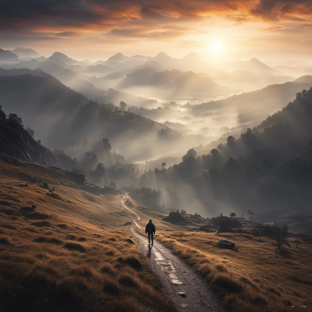 A lone traveler walking through a foggy mountain pass at sunrise.