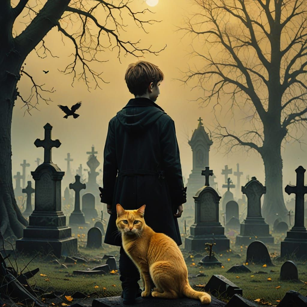 Boy Holds Yellow Cat in Misty Graveyard, Gothic Surrealism P...