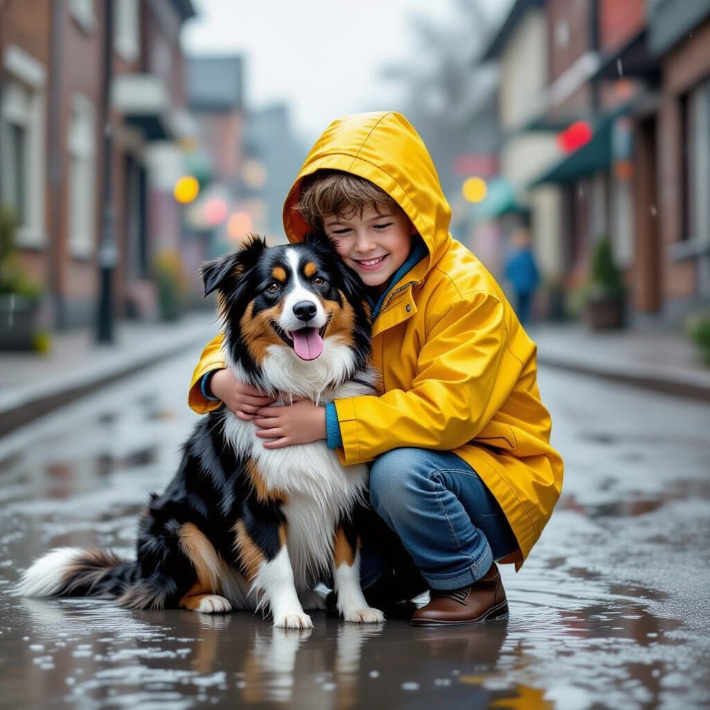 Boy and Border Collie in Rainy Street, Realism Impressionism