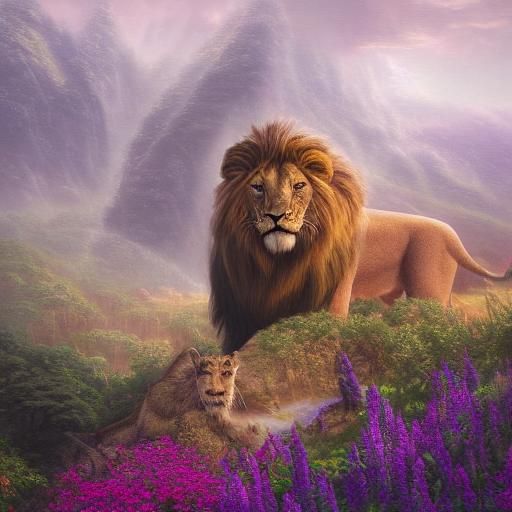 Double exposure of the triad, with thoughts of his queen in the background, portrait of the lion king, lush mane, ((expe...