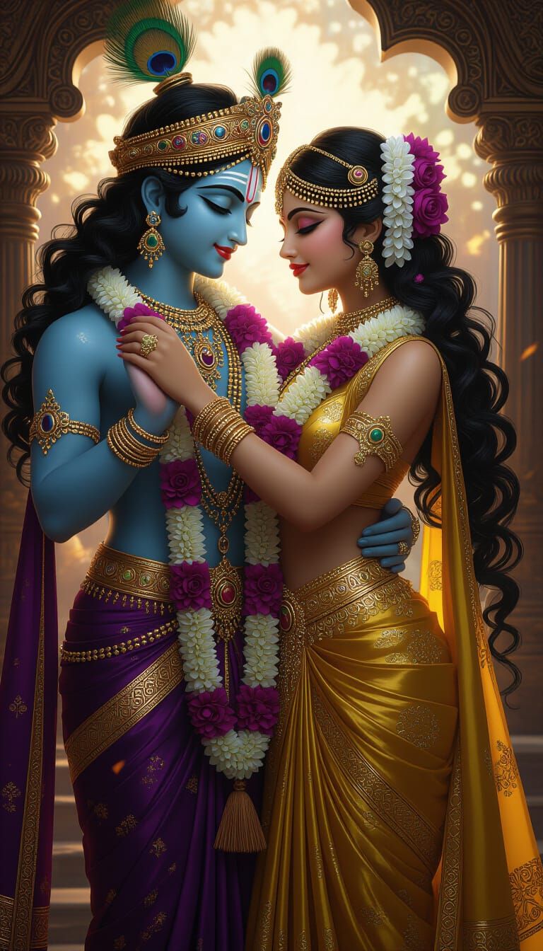 Krishna Lifting Radha in Dark Fantasy Style