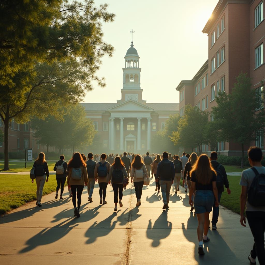 University Campus Scene in Cinematic Film Style